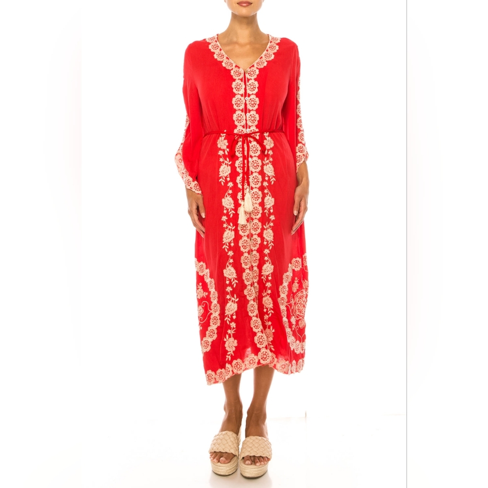 Paparazzi Floral Embroidered Midi Caftan Dress(0046MAD)